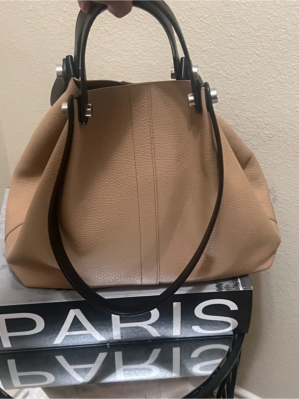 All Saints Beige Tan Leather Tote with Black Handles